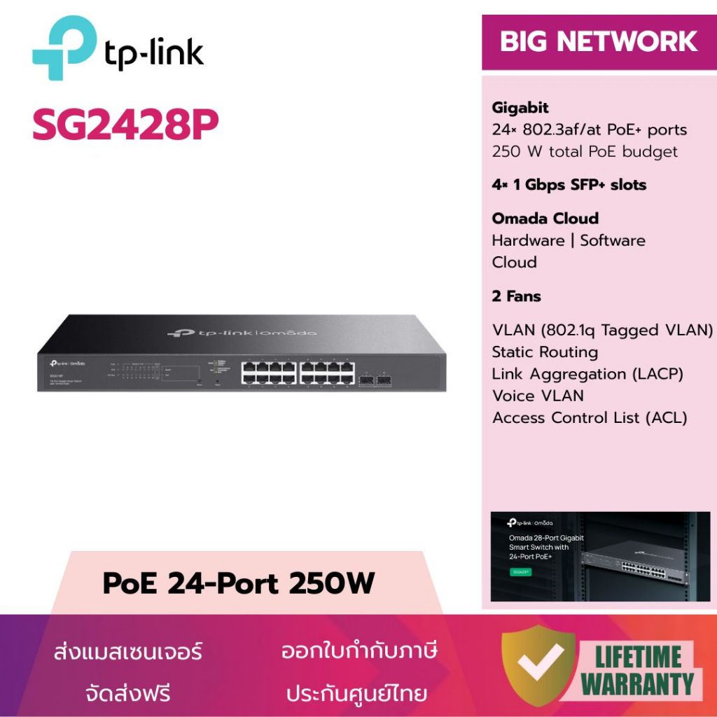 (PoE 24-Port 250W) TP-Link SG2428P Omada 28 Port Gigabit 4 SFP PoE+ Switch ประกันศูนย์