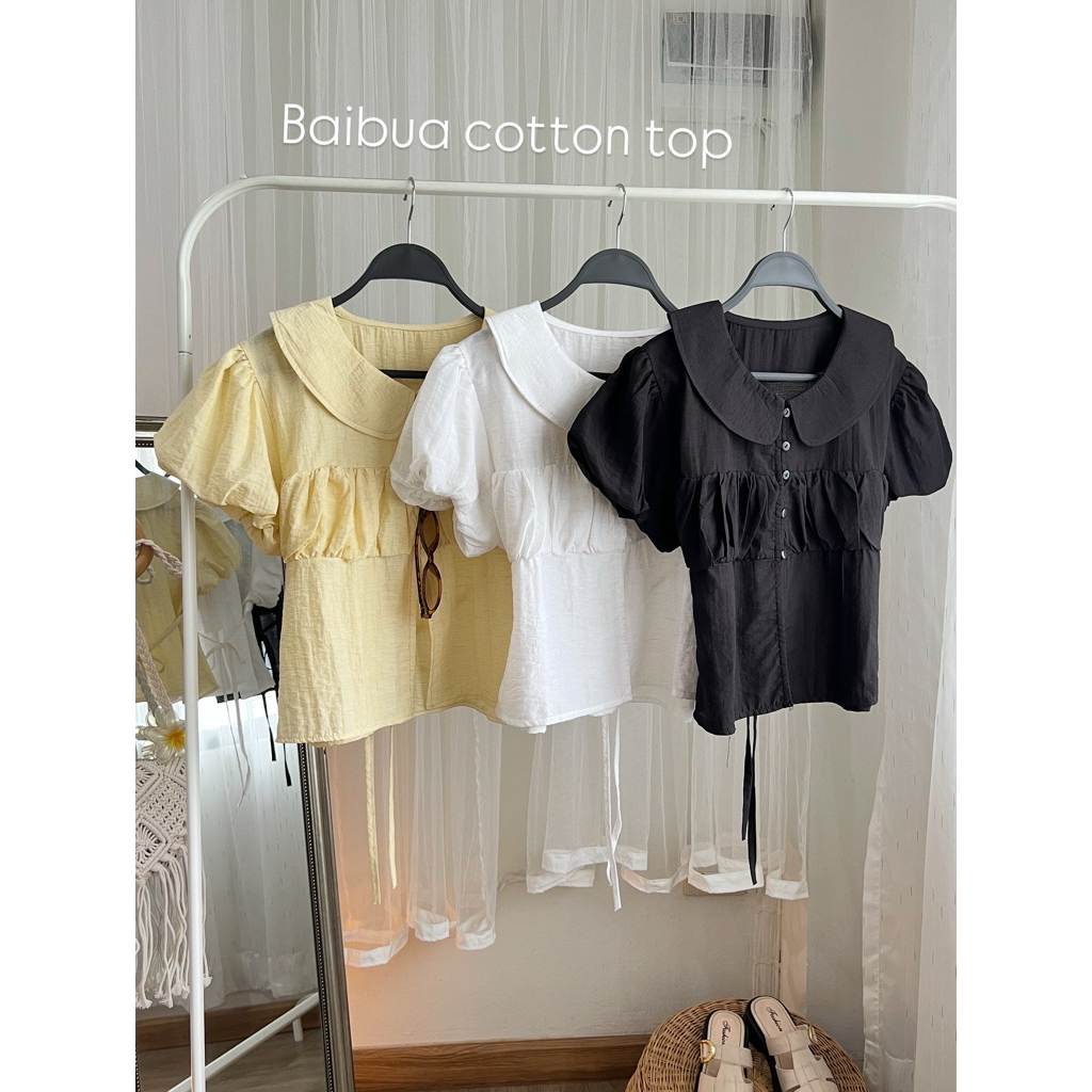 Baibua cotton top - เสื้อรุ่นใบบัว ผ้าคอตตอนญี่ปุ่นดีเทลน่ารัก คอบัว แขนตุ๊กตา กระดุมแกะใช้งานได้จริง มีเชือกผูกด้านหลัง