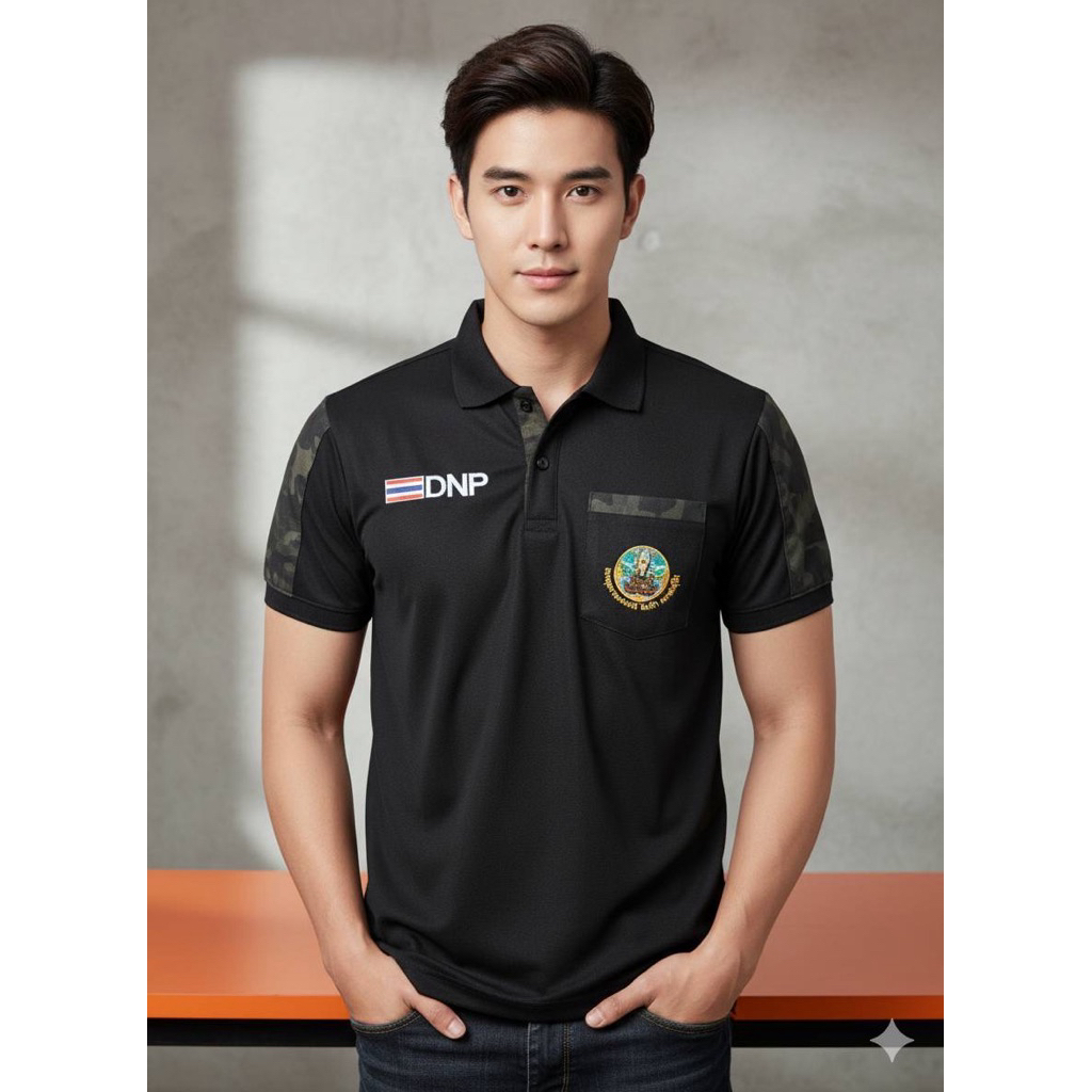 เสื้อโปโลกรมอุทยานแต่งแขนลายพรางสีดำ(ชาย)