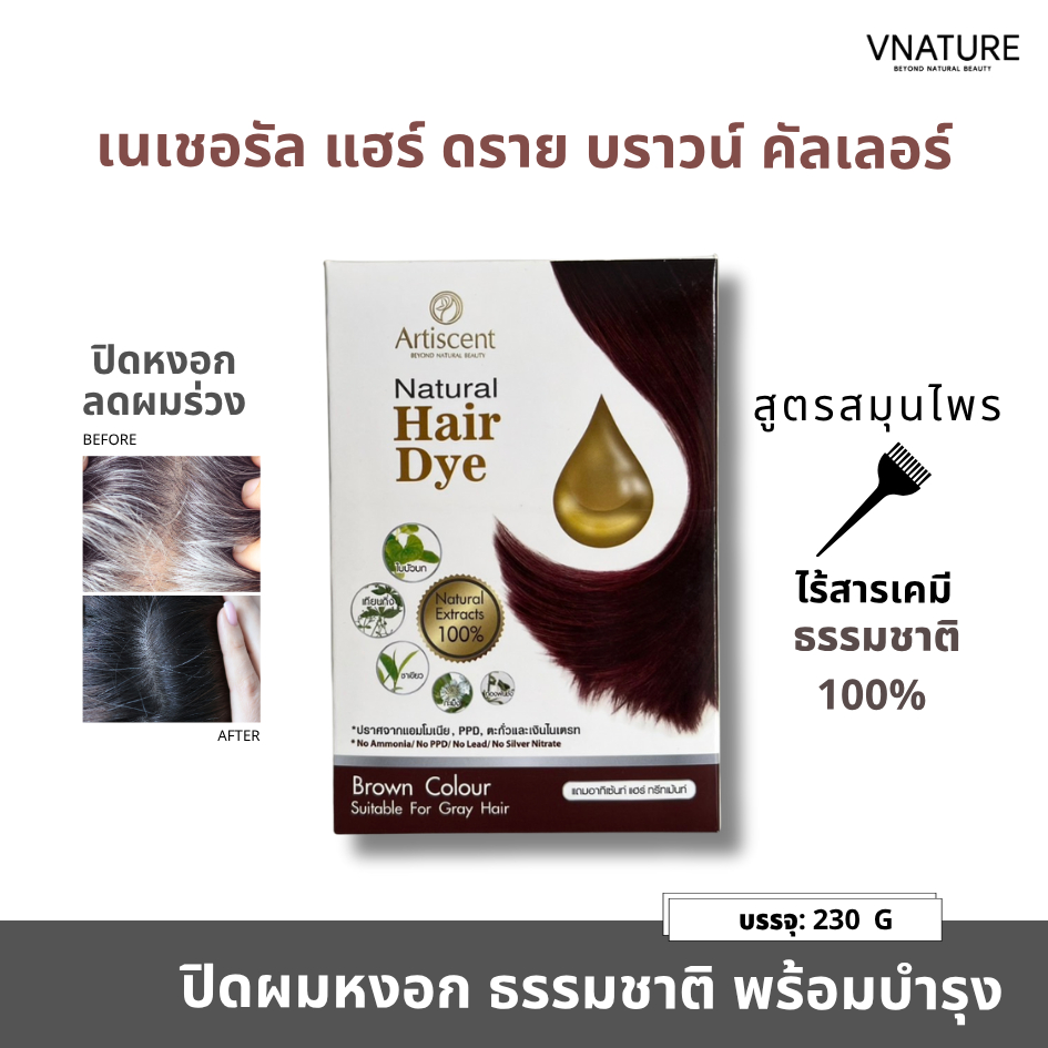 สมุนไพรปิดผมขาว Artiscent Natural Hair Dye สีน้ำตาลธรรมชาติ ปิดผมหงอก ปิดผมขาว แชมพูปิดผมขาว ปิดหงอก