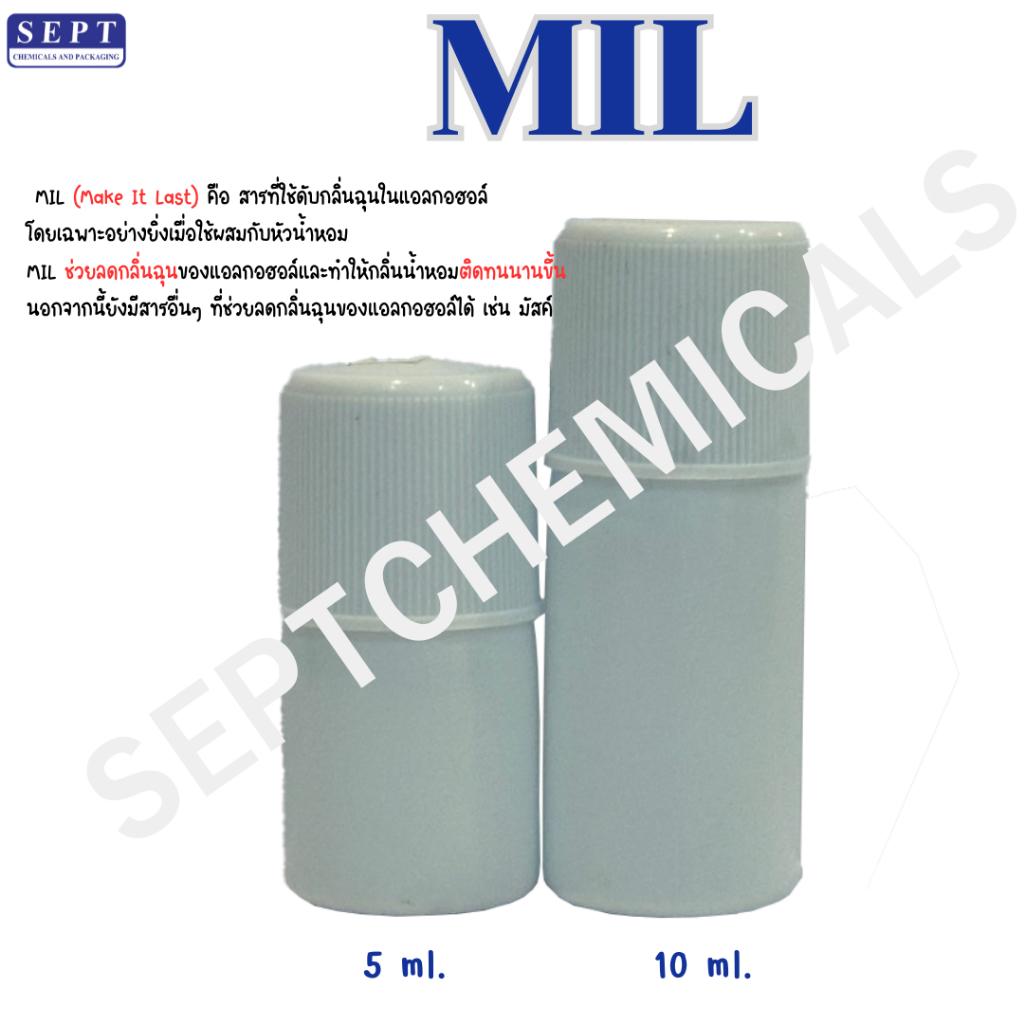 MIL (มิลลิ) 2 ขนาด 5,10 ml คือ สารช่วยลดกลิ่นฉุนในแอลกอฮอล์ และทำให้กลิ่นน้ำหอมติดทนนานขึ้น (ใส่ในแอลกอฮอล์) กลิ่นติดนาน