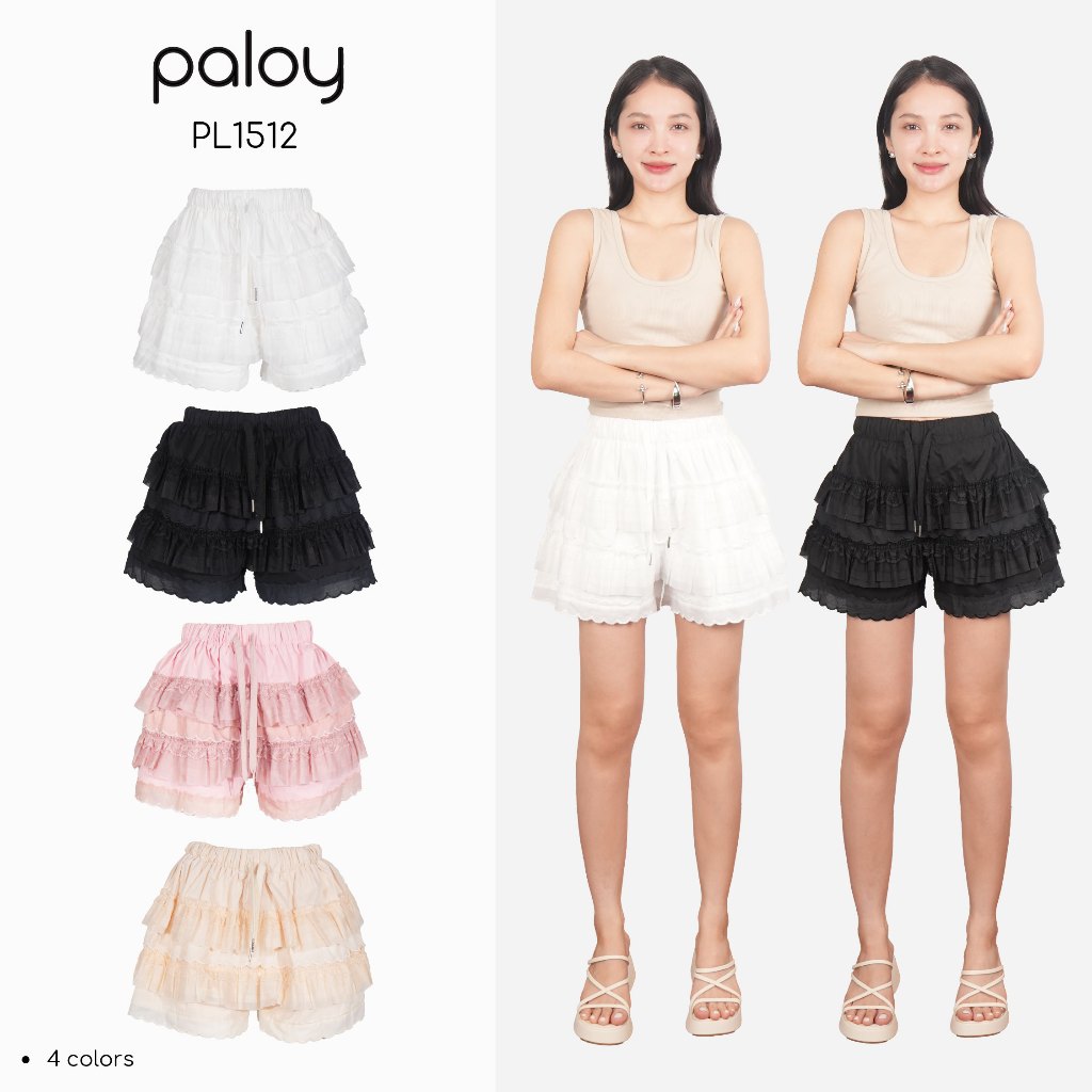 Paloy - PL1512 กางเกงขาสั้นแต่งระบายชั้นเค้ก ลายลูกไม้ เอวสม็อค มีซับใน