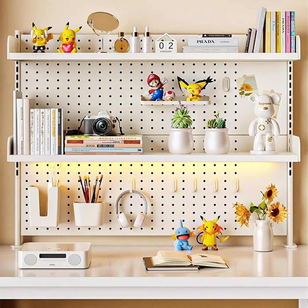 Pegboard ตั้งโต๊ะ DIY เหล็กทั้งหมด ปรับความสูงได้ ชั้นวางของบนโต๊ะคอม ประหยัดพื้นที่ จัดเก็บของเป็นร