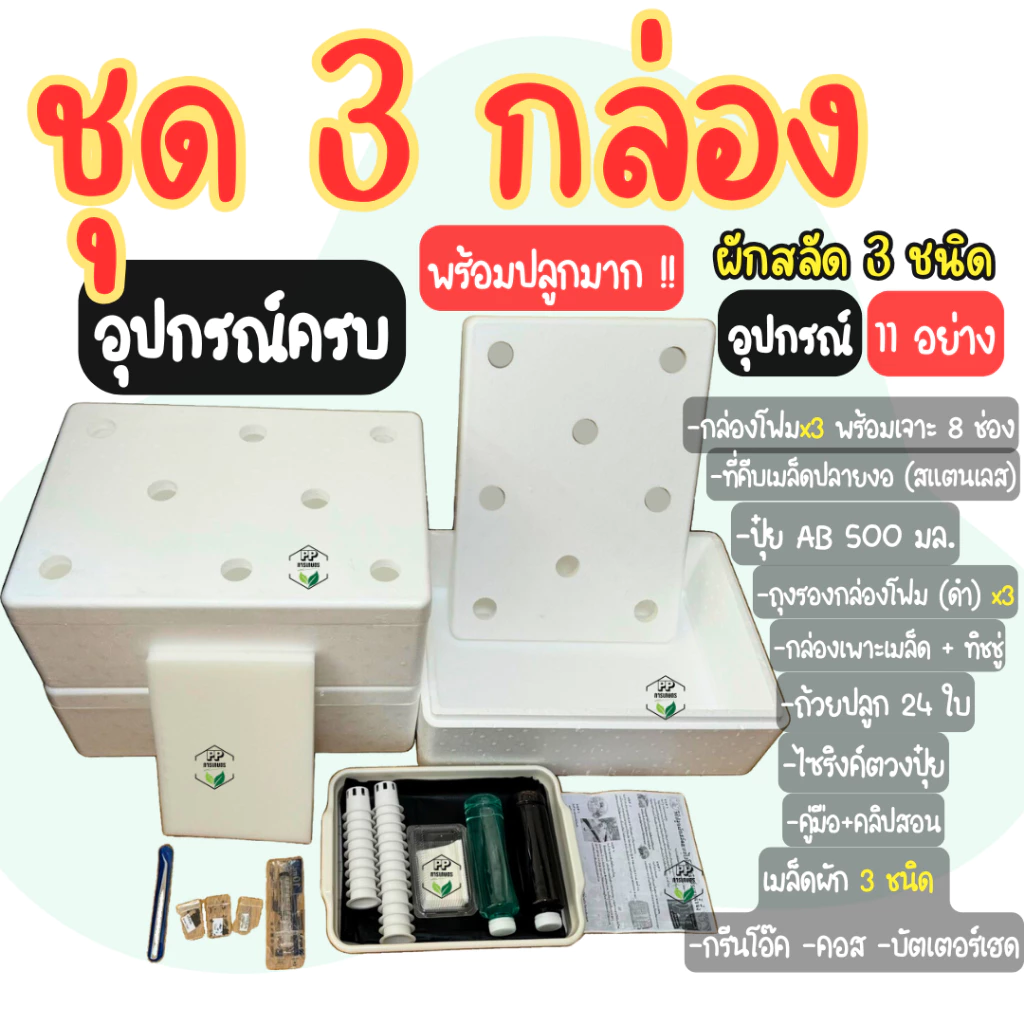 ชุดใหญ่ (กล่องโฟม 3 ใบ) ชุดปลูกผักสลัดไฮโดรโปนิกส์