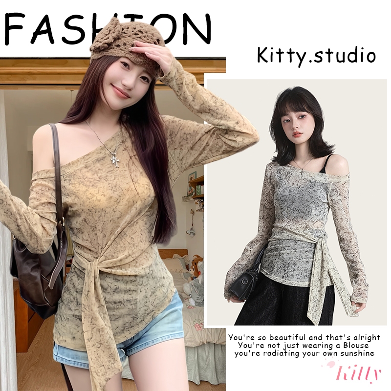 Kitty พร้อมส่ง🌸เสื้อยืดผู้หญิง เปิดไหล่ แขนยาว ดีไซน์มีเซือกผูกเอว เข้ารูป ไปคาเฟ่ ใส่แล้วดูผอม เข้ารูป ผ้านิ่มมาก