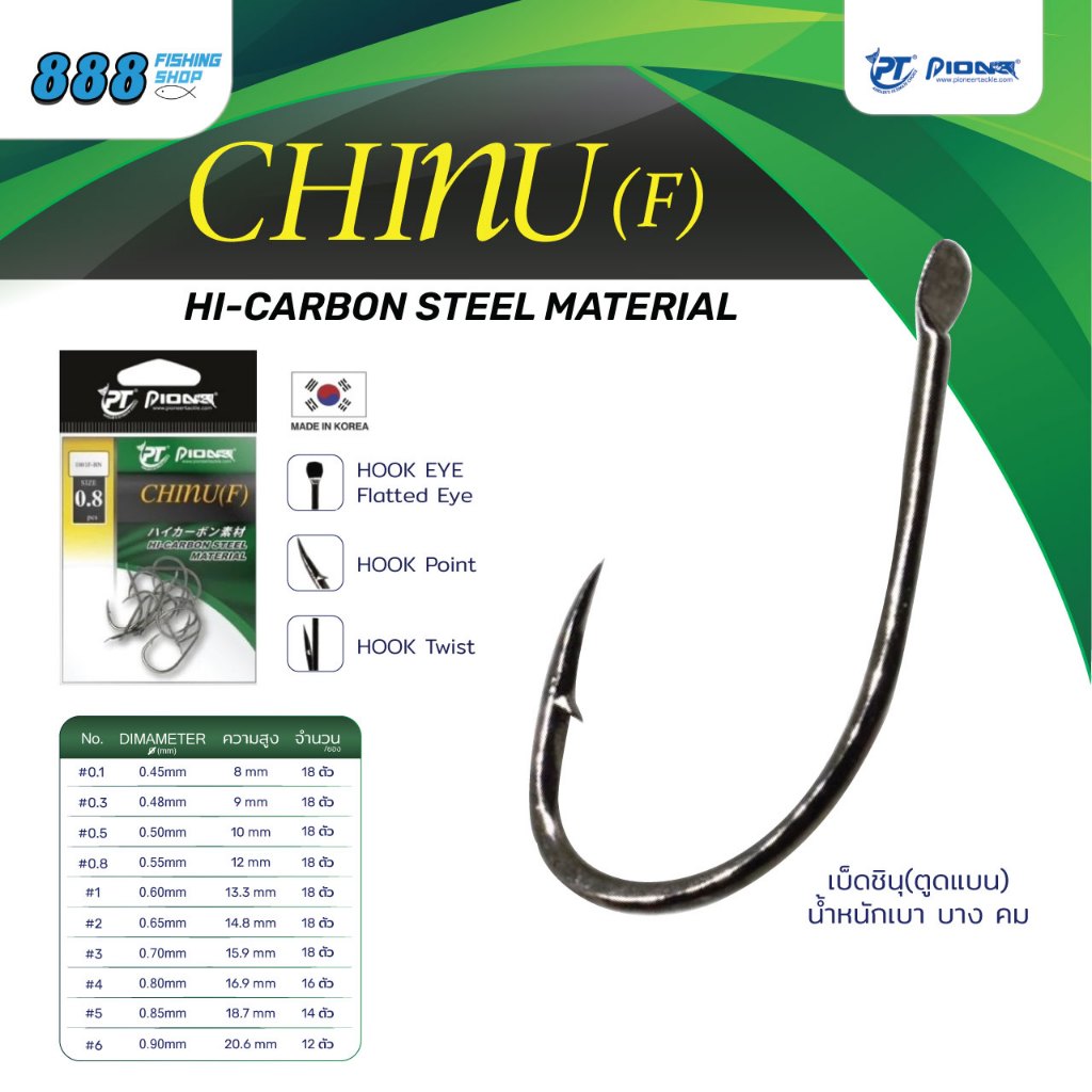 เบ็ดซองตกปลา PIONEER CHINU ตูดแบน ทรงชินุ เบาคมเฉียบ มีขนาด 0.1, 0.3, 0.5, 0.8, 1, 2, 3, 4, 5, 6