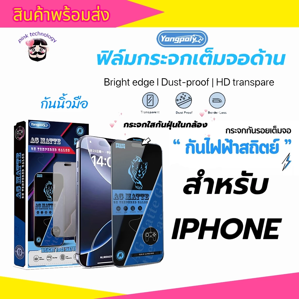 ฟิล์มกระจกเต็มจอด้าน ESD กันไฟฟ้าสถิตย์ กันนิ้วมือ สำหรับ iphone 17PROMAX 16PRO 14PROMAX 13PRO 12 XR 11 11PROMAX XMAX 13