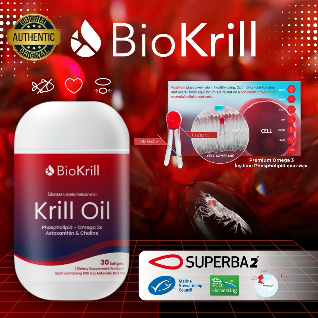 Bio Krill (ไบโอคริลล์) 500mg. Omega3s+Choline+Astaxanthin+Phospholipid