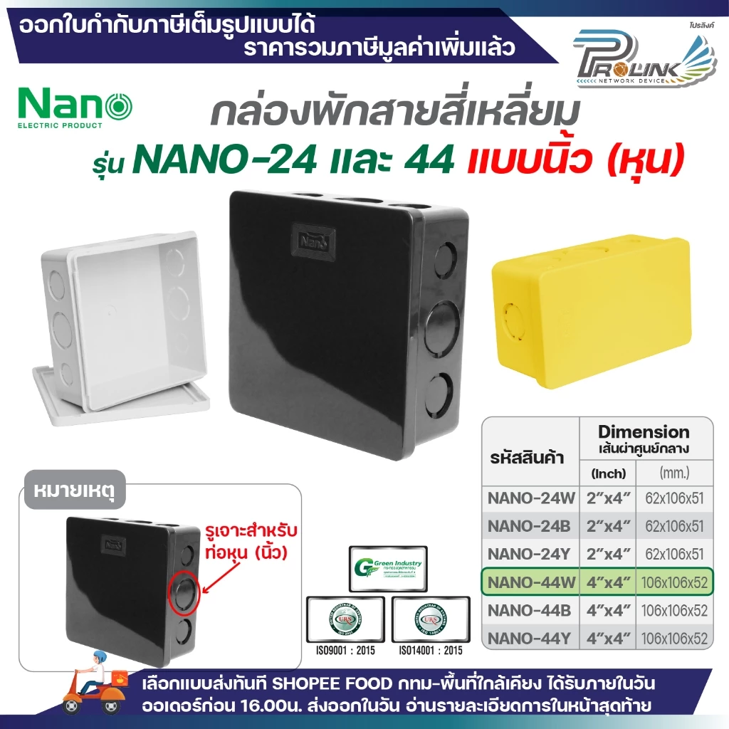 NANO กล่องพักสายแบบ นิ้ว (หุน) กล่องพักสายสี่เหลี่ยม สีขาว สีดำและสีเหลือง ขนาด 2x4 (Nano-24) , 4x4 (Nano-44)
