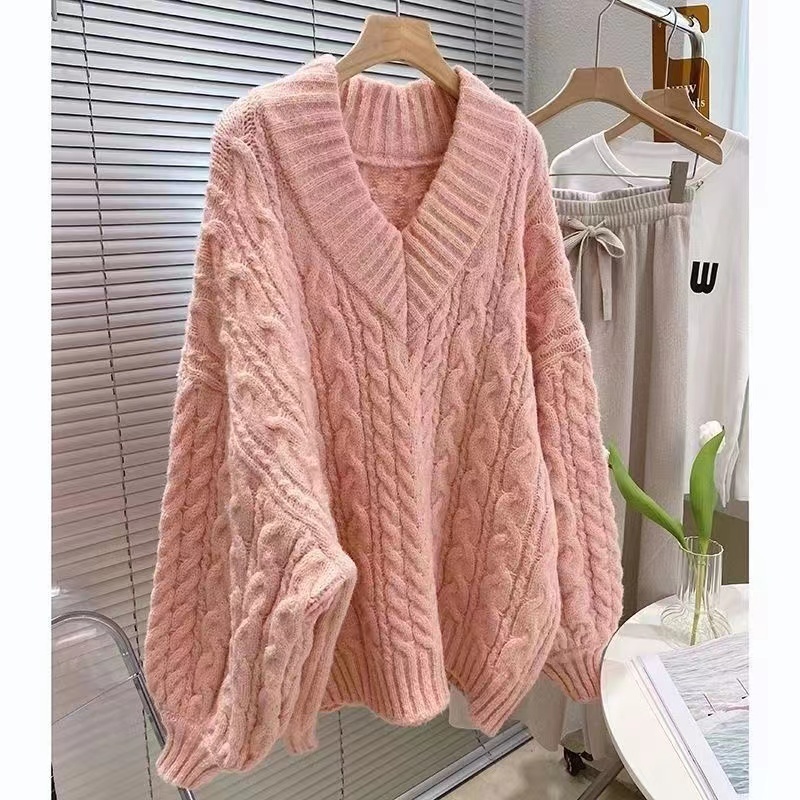 เสื้อกันหนาวไหมพรมถัก แขนยาว คอวี ทรงหลวม ผ้าหนานุ่ม อบอุ่น ใส่สบาย
