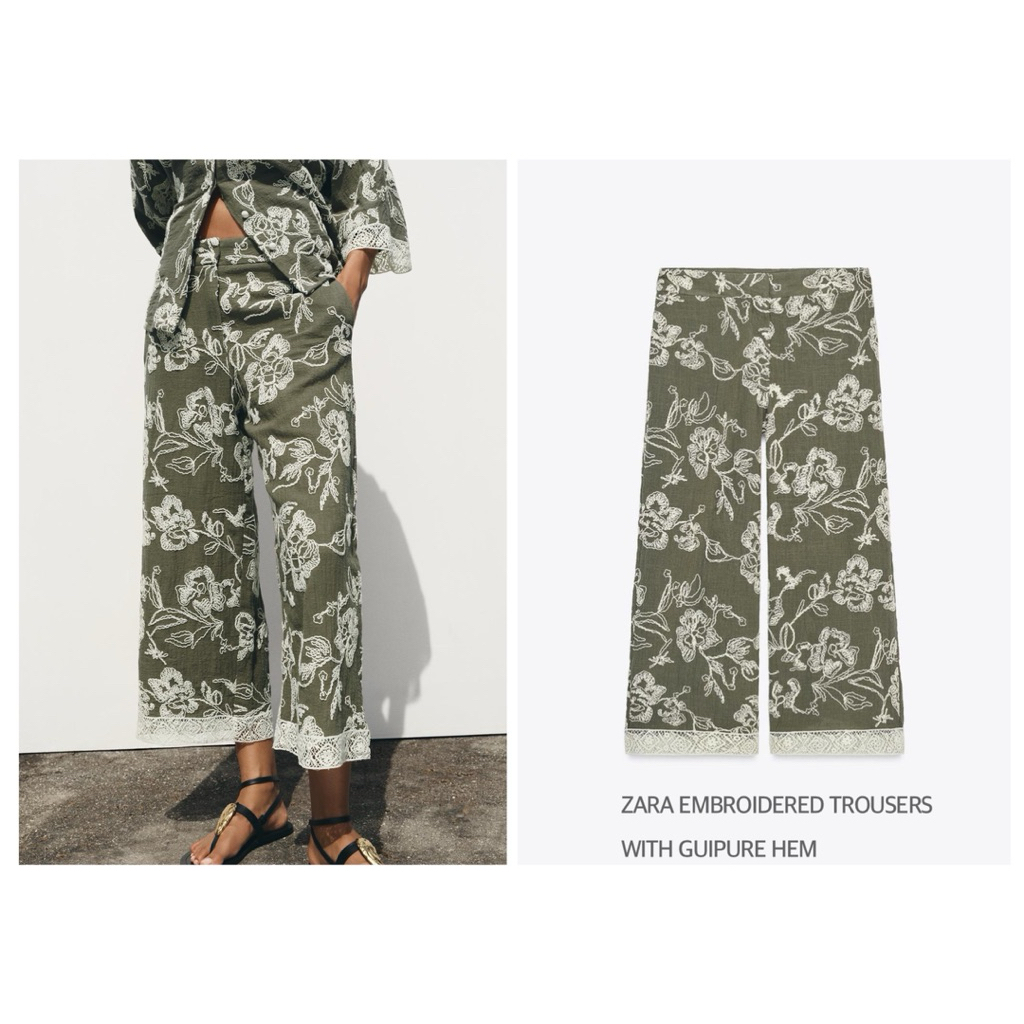ZARA กางเกงลายปัก เอวสูง ทรงขากว้าง EMBROIDERED TROUSERS WITH GUIPURE HEM (A0305)