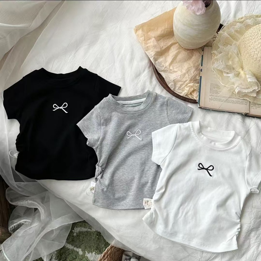 H255-H257 เสื้อยืดแขนสั้นทรงเข้ารูปอกปักโบว์
