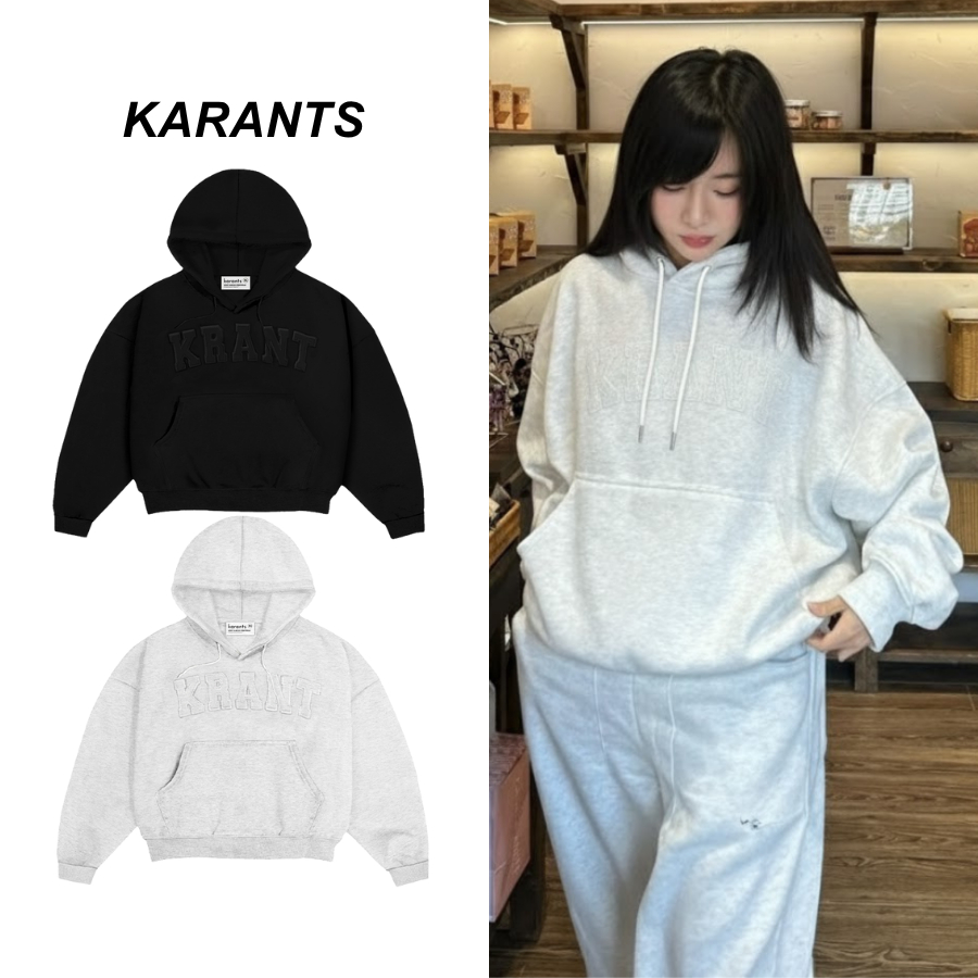 Karants เสื้อฮู้ดสวมศีรษะ ทรง Cropped Boxy ลายติดผ้า ผ้าฝ้ายนุ่มฟูพรีเมียม Unisex Menswear - AK34