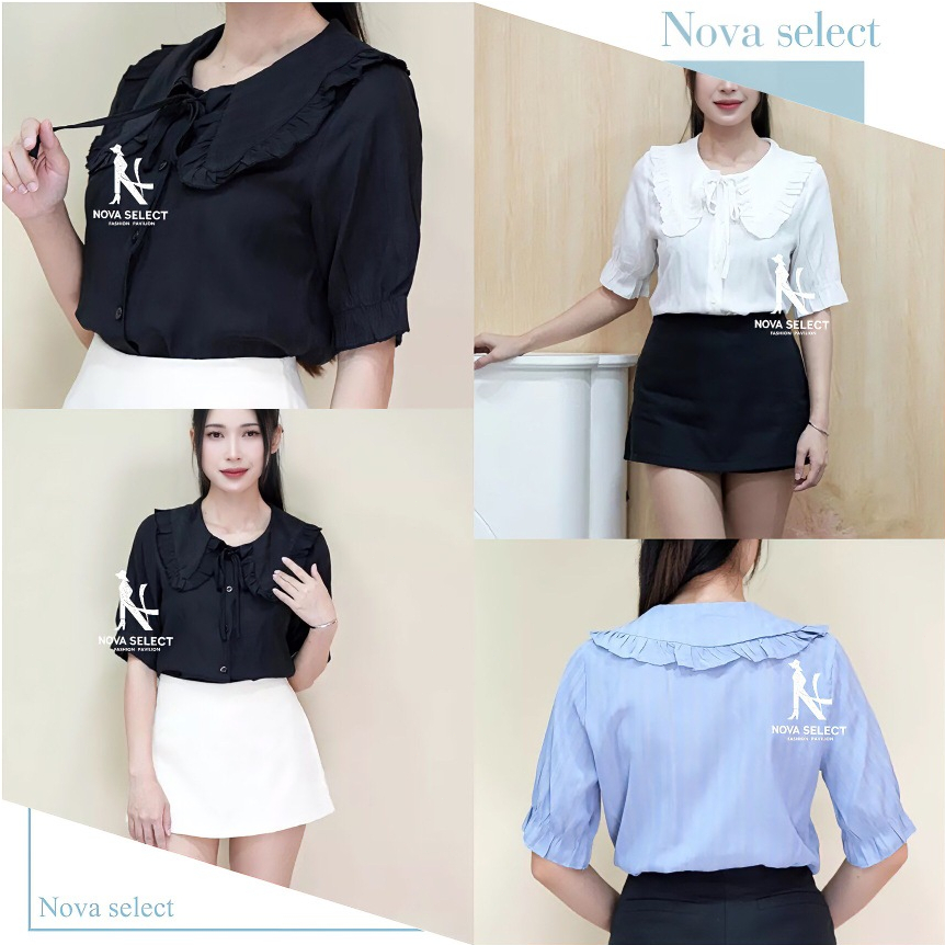 เสื้อแขนสั้น คอบัว เนื้อผ้าชีฟอง รุ่นติดกระดุม ดีเทลมีเชือกผูกโบว์ด้านหน้า น่ารักมาก​ มีซับใน ทรงสวยโซคิ้ว สำหรับสาวหวาน – โปรปัง