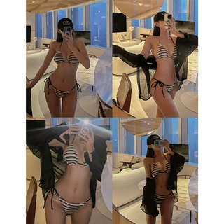 ส่งไวจากไทย ชุดว่ายน้ำ bikini ทูพีช บิกินี่ลายทาง ผูกคอ เที่ยวทะเล#1045