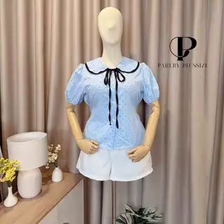 เสื้อลายจุดคอบัวสาวอวบอ้วน แต่งกระดุมหน้า ผ้าครัชลายจุด 2 ไซร์ 38-52" รุ่นT87