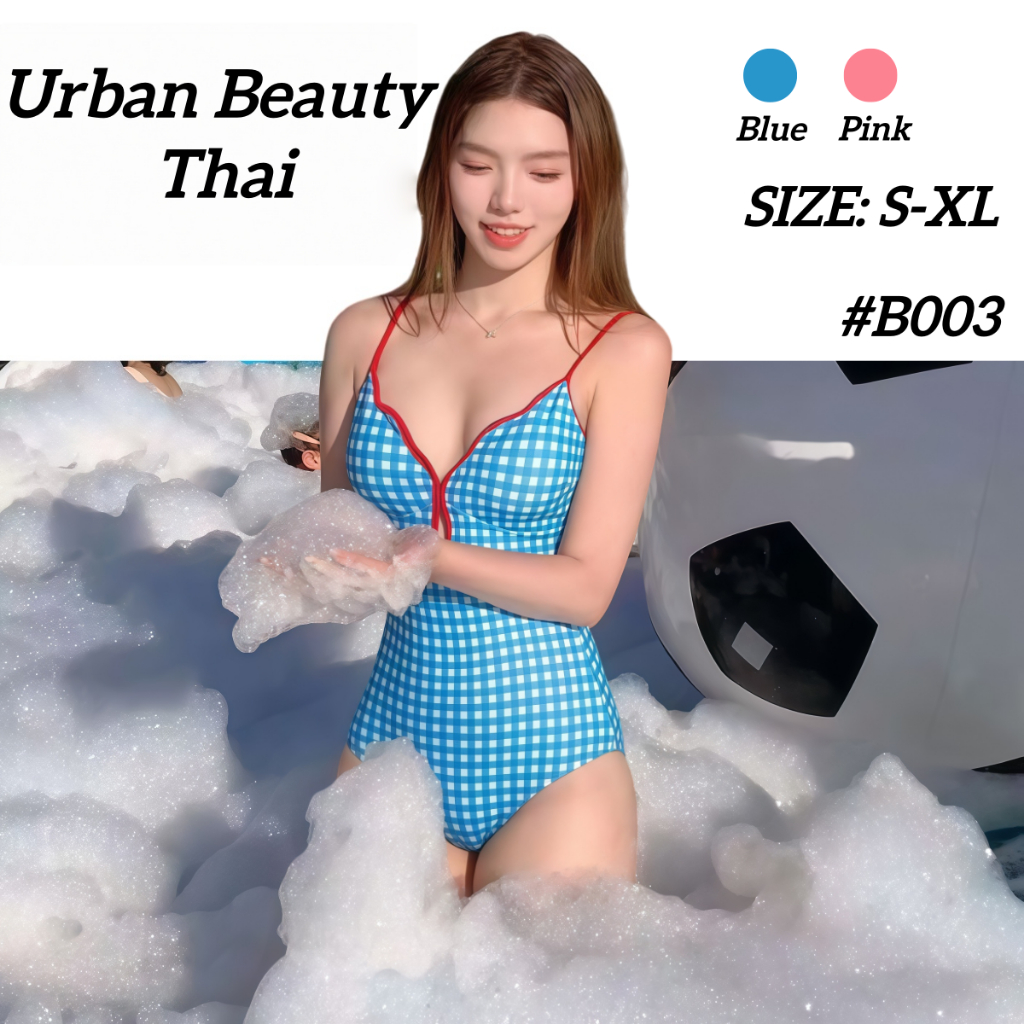 🌸พร้อ​มส่ง🌸ลายสก๊อตสีฟ้าบิกินี่ ชุดว่ายน้ำวันพีช หลังที่สวยงาม#B003
