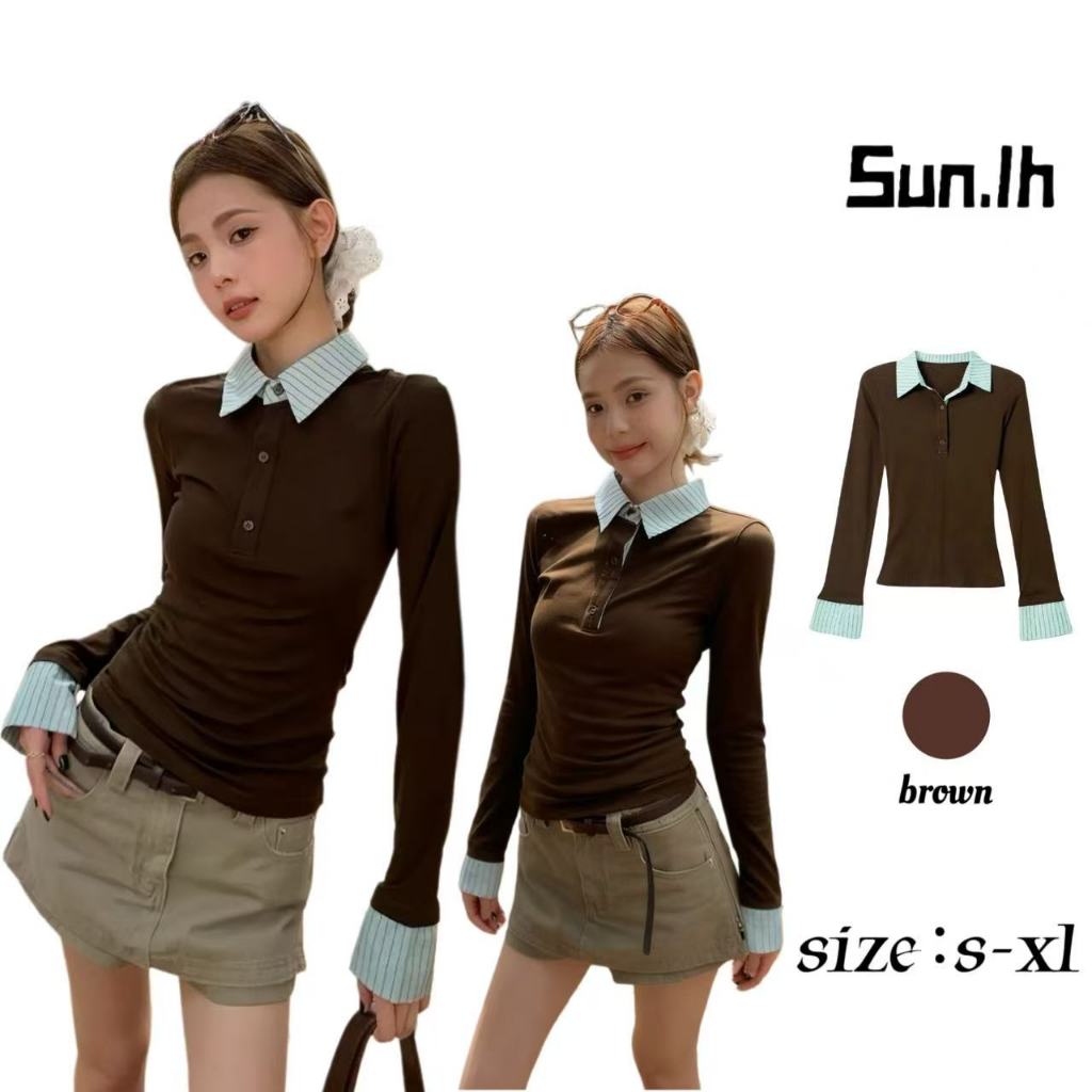 SUN🛍️มีในสต็อก🛍️เสื้อยืดคอโปโลแขนยาวทรงเข้ารูปสำหรับผู้หญิง สำหรับฤดูใบไม้ร่วง/ฤดูหนาวปี 2026 เสื้อตัวบนที่ไม่ซ้ำใครและม