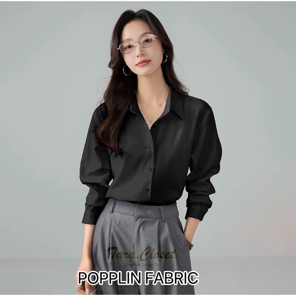 AUNG011 TARA Shirt Black เสื้อเชิ้ตสีดำคอปก แขนยาว ใส่ไว้อาลัย ใส่ทำงาน ทรงคลาสสิคใส่ได้ตลอด เนื้อผ้าป๊อปปิ้น