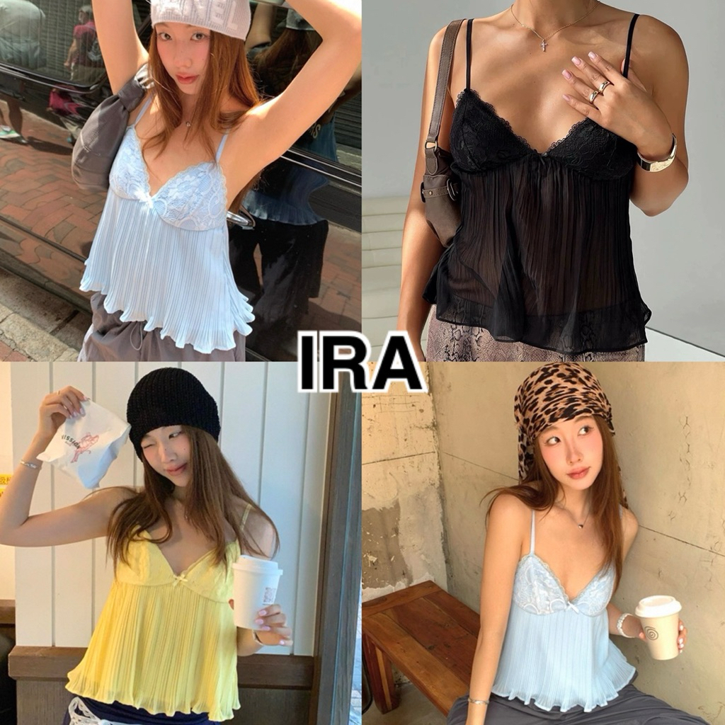 BY IRA Brighton Top เสื้อสายเดี่ยวคอวีแต่งลูกไม้  ผ้าตาข่าย แต่งโบว์ที่อก ผ้าดีมากแม่