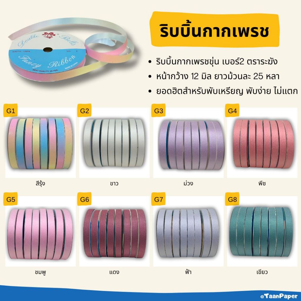 ริบบิ้นกากเพชร เบอร์ 2 ตราระฆัง สีพลาสเทล เนื้อขุ่น