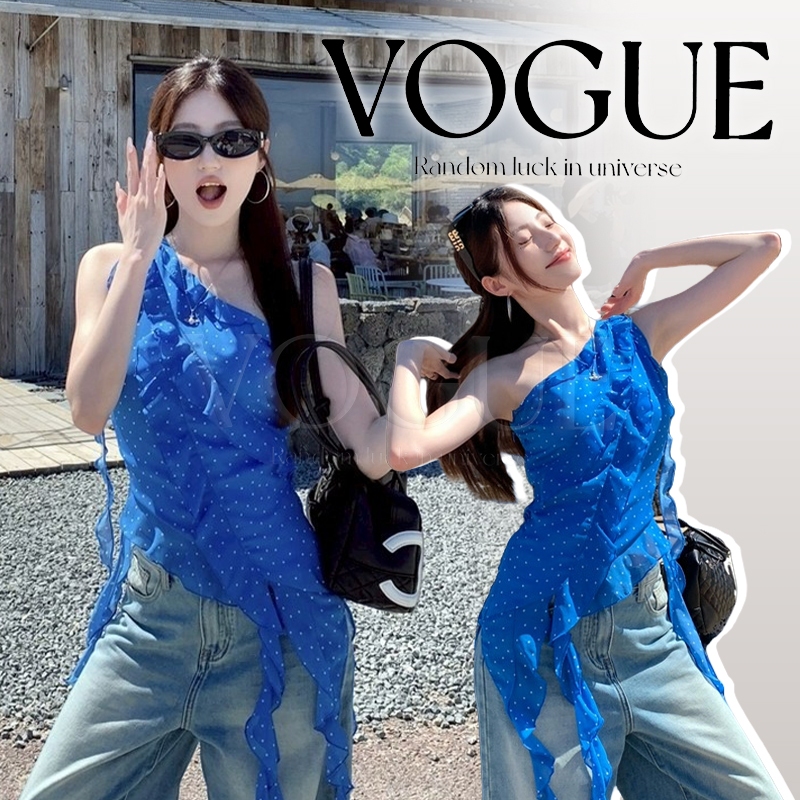 Vogue🌟พร้อมส่ง🌟 เสื้อกล้าม ดีเทลลายข้างเดียว สีน้ำเงินลายจุด ดีเทลปลายหยักเก๋ๆ (FY2908)