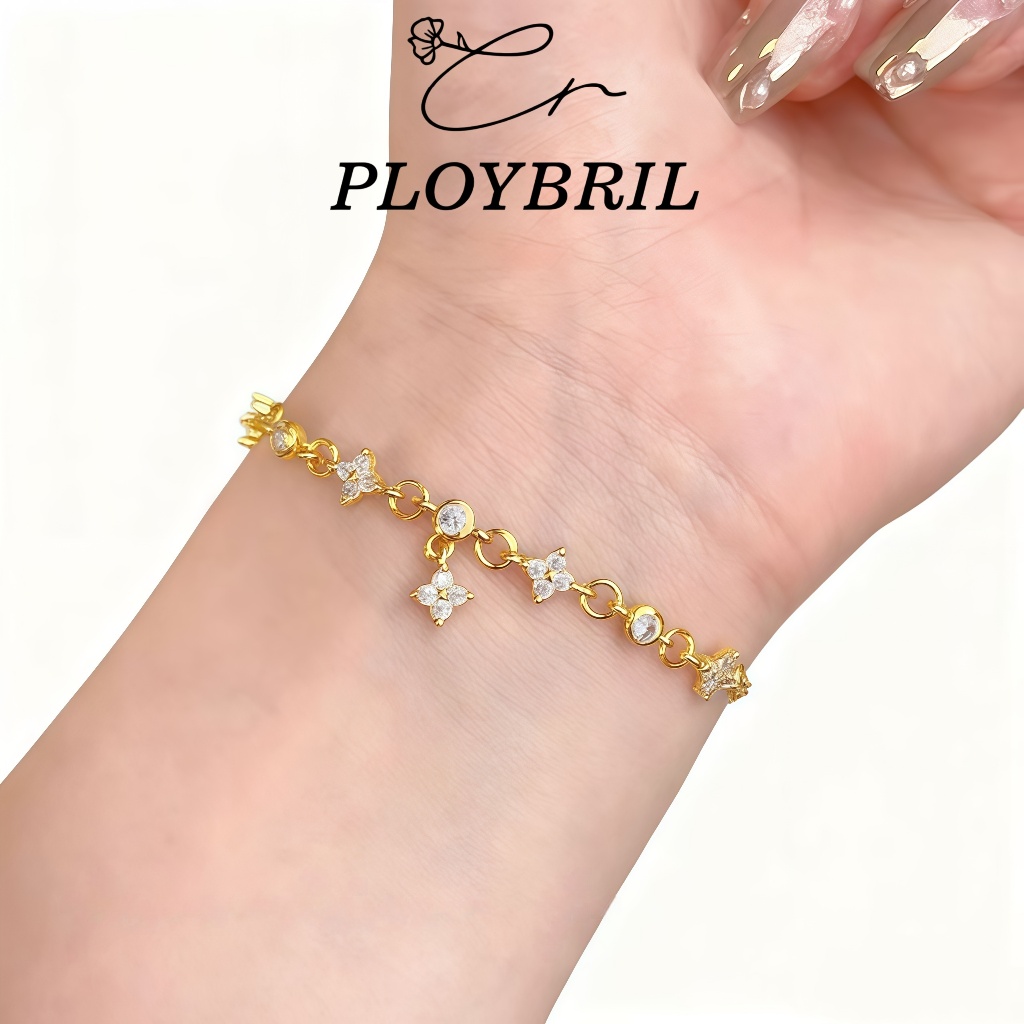 PLOYBRIL สร้อยข้อมือ 925 ชุบทองแดงพรีเมียม สี่กลีบเพชรกระพริบ สตรีชิค ของขวัญวันวาเลนไทน์/วันเกิด S012