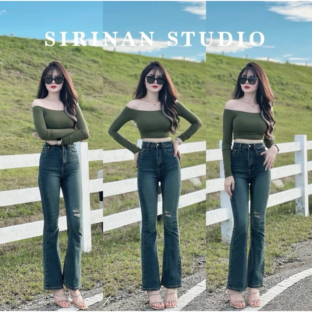 Sirinan studio กางเกงยีนส์ขาม้าสะกิดขาดสีสนิมเขียว❤️