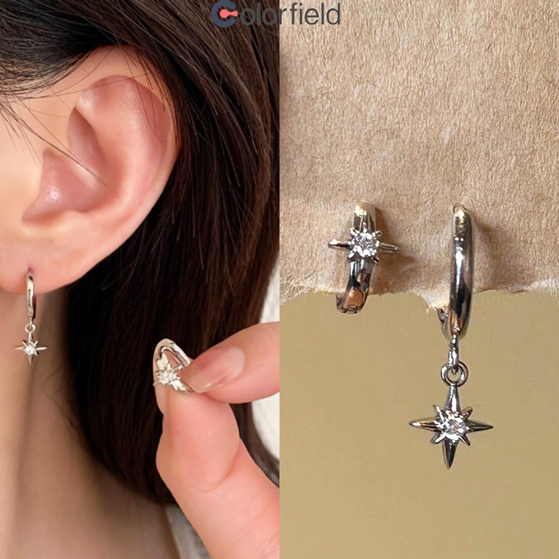 Colorfie ต่างหู เงิน จี้รูปดาว ประดับเพชรเทียม Y2K เกาหลี หรูหรา ไม่ทําให้แพ้ง่าย เครื่องประดับแฟชั่น สำหรับผู้หญิง-COD