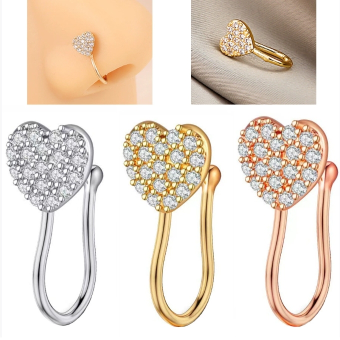 ห่วงจมูก ไม่ต้องเจาะ Nose Clip Copper Inlaid Zircon Heart-Shaped Nose Clip Non-Perforated Nose Ring 