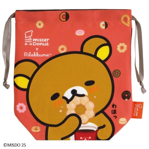 กระเป๋า chic Rilakkuma x Mister Donut Drawstring Bag ขนาด: ประมาณ 185 x 170 x 70 มม. โพลีเอสเตอร์ ชนิดสายคู่