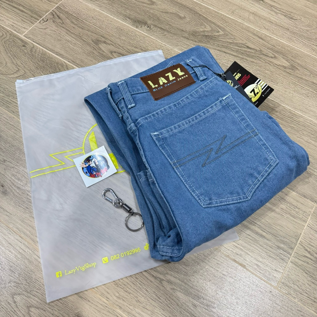 กางเกงยีนส์ Lazy ขากระบอกสีบลู ดีเทลใหม่ (แถมป้ายห้อย)