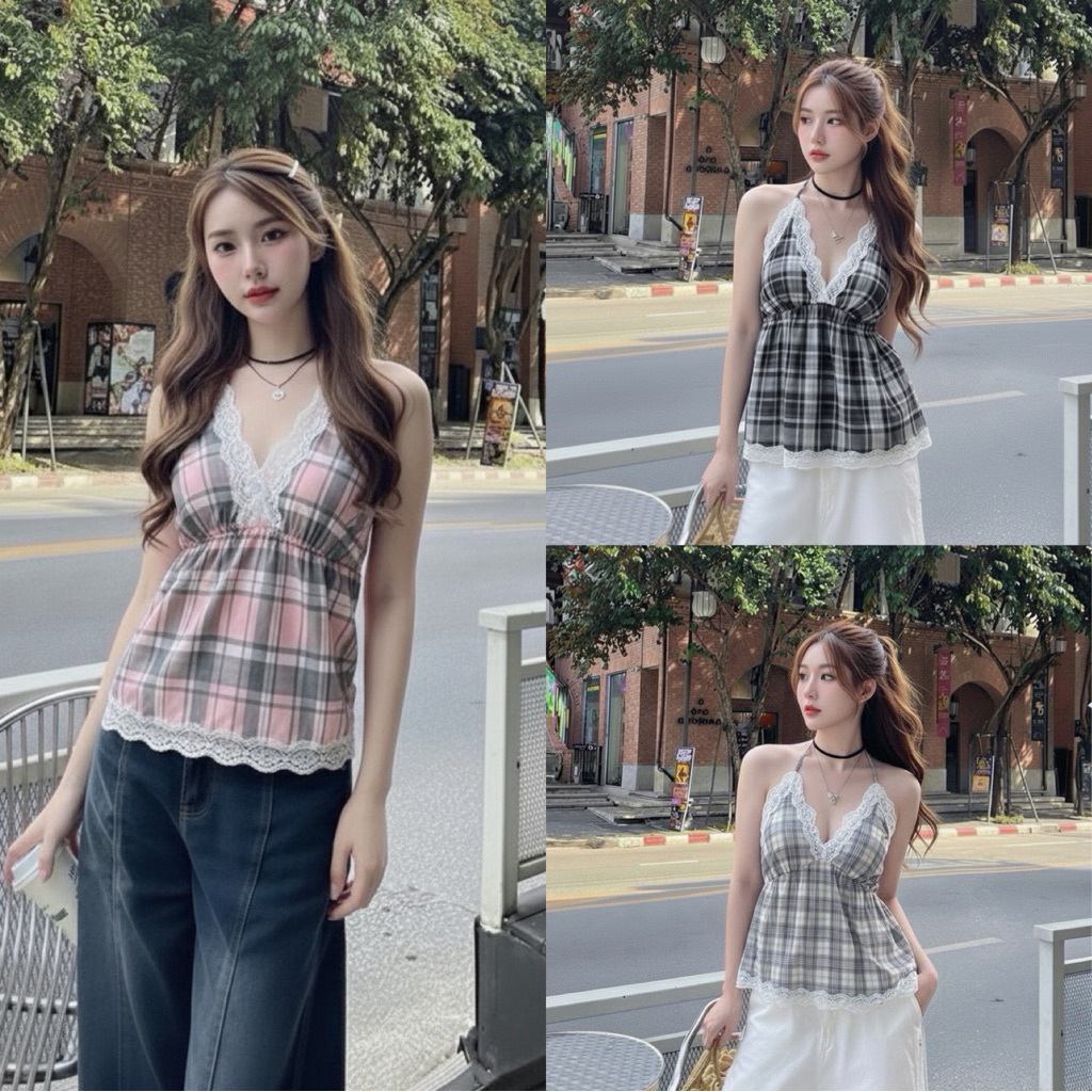 (อก30-42) Victoria Lace Top เสื้อคล้องคอลายสก็อตแต่งขอบลูกไม้ สาวอวบใส่ได้อกถึง 42 นิ้ว