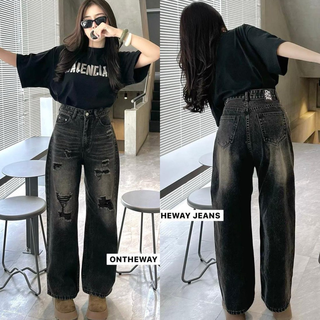 แบบใหม่🎉กางเกงขากระบอกใหญ่ ผ้านิ่ม เอวสูงผ้าไม่ยืด ทรงสวยมาก