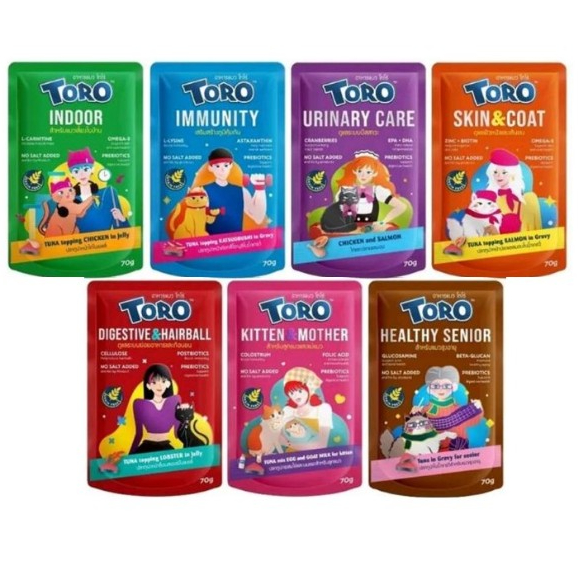 *12ซอง Toro Pouch อาหารเปียกพรีเมียม สูตรบำรุงสุขภาพ สำหรับลูกแมว แมวโต และแมวสูงอายุ ทำจากปลาทูน่าเนื้้อขาว ขนาด 70g.