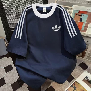 คอกลม สีดำ เสื้อยืดใหม่ล่าสุด สามแถบ แขนสั้น แฟชั่นทันสมัย สำหรับผู้หญิง ผู้ชาย ส่งภายใน 24 ชม