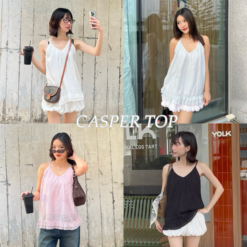 CASPER TOP - เสื้อสายเดี่ยวคอวี ปลายจับระบาย2ชั้น (nita.bkk)