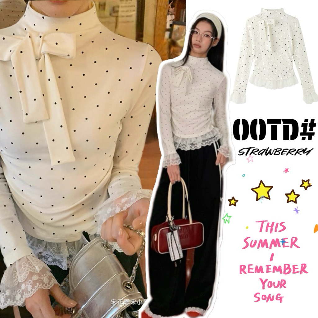 STR พร้อมส่ง🍧🍬เสื้อยืดแขนยาวคอกลมลายจุด ติดโบว์แต่งลูกไม้รอบๆเสื้อครอปทรงเข้ารูปสไตล์แฟชั่นเกาหลี เรียบหรู ชุดเจ้าหญิง