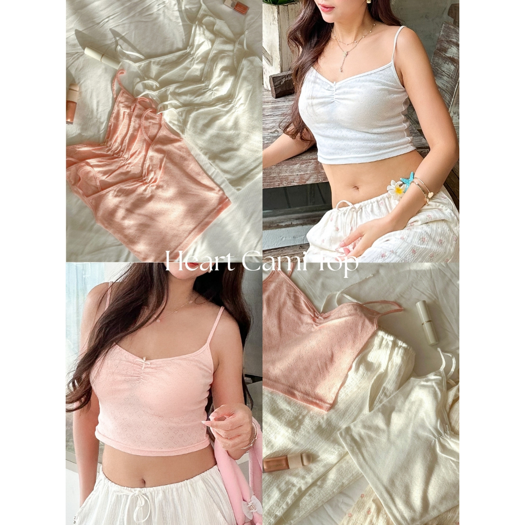COZY CLUB. - HEART CAMI TOP เสื้อครอปสายเดียวเข้ารูปเว้าคอลึก ผ้าฉลุลายหัวใจ เนื้อนุ่มใส่สบาย