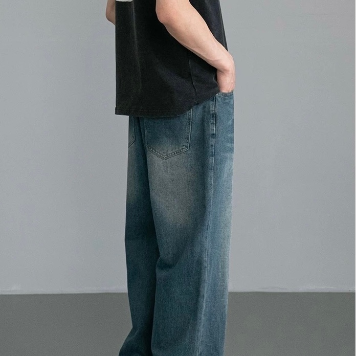 BLAZE ผู้ชายวินเทจล้างกางเกงยีนส์ตรงพอดีหลวมกางเกง 5 สี M-3XL ขนาดเอวสูงกว้างขากางเกง - รูปที่ 4