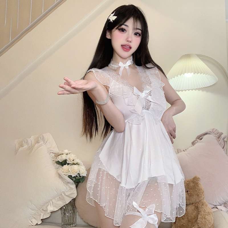 ชุดนอน ชุดนอนเซ็กซี่ คอวี แขนกุด ลายจุด bow ชีฟอง ผ้านิ่ม ฟรีไซส์ ผ้าใส่สบาย ส่งไวจากไทย - รูปที่ 3