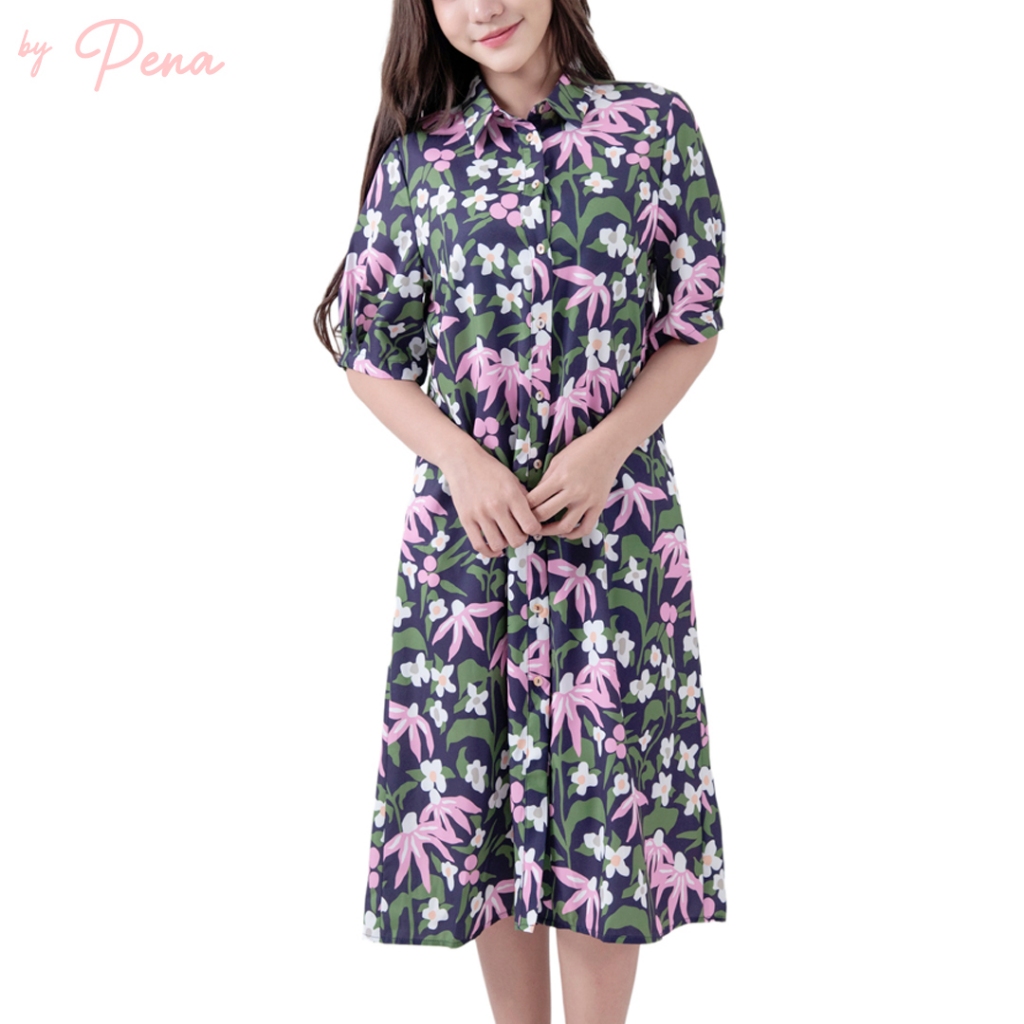 By Pena เดรสเชิ้ตแขนสั้นลายดอกไม้ BPDL102502