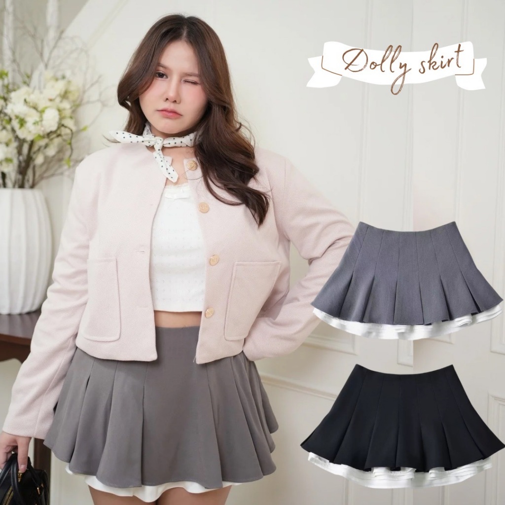 Dolly Skirt - กระโปรงพลีท 2 ชั้น มีซับจั๊มตุ๊กตา น่ารักมากกสาววอวบ - Merrychubbyhouse