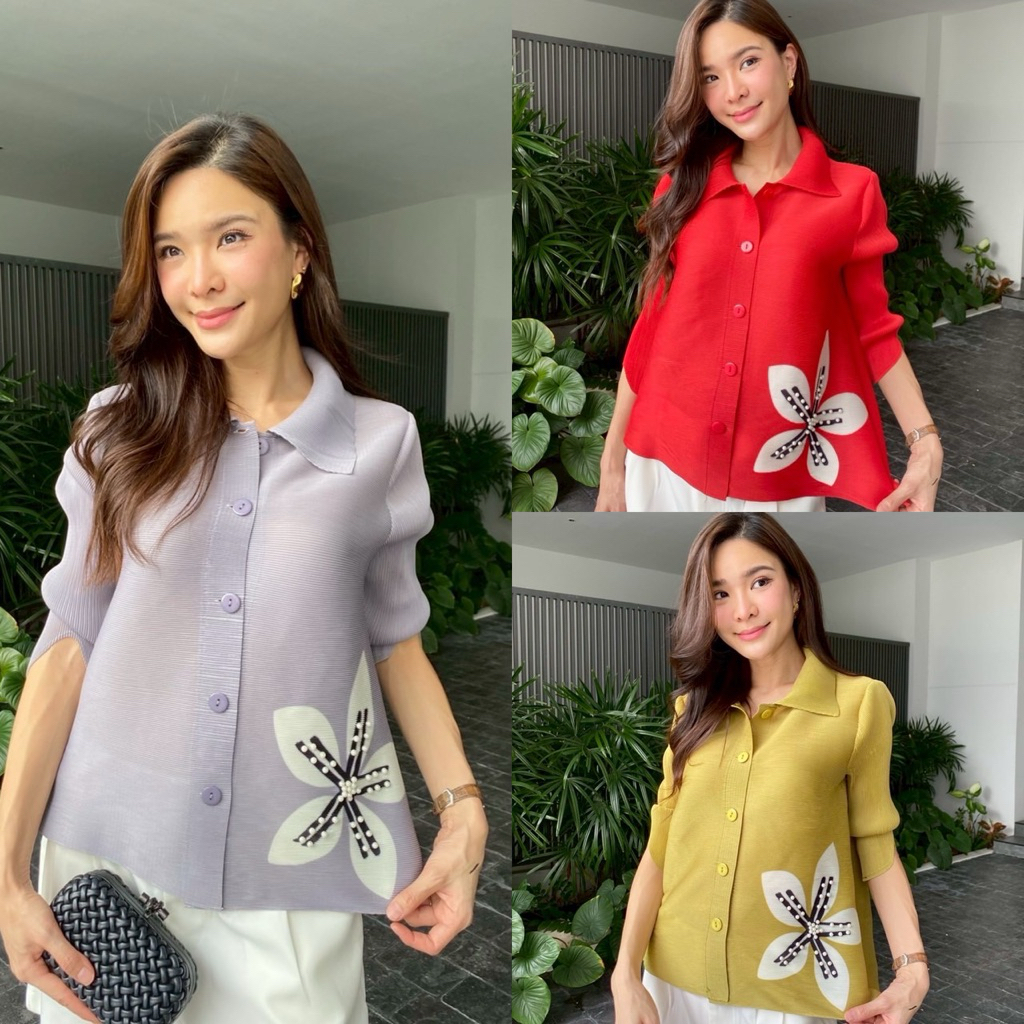 เสื้ออัดพลีทเนื้อดี แต่งลายดอกกระดุมมุกผ้าดีใส่สบายไซด์ใหญ่ค่ะ