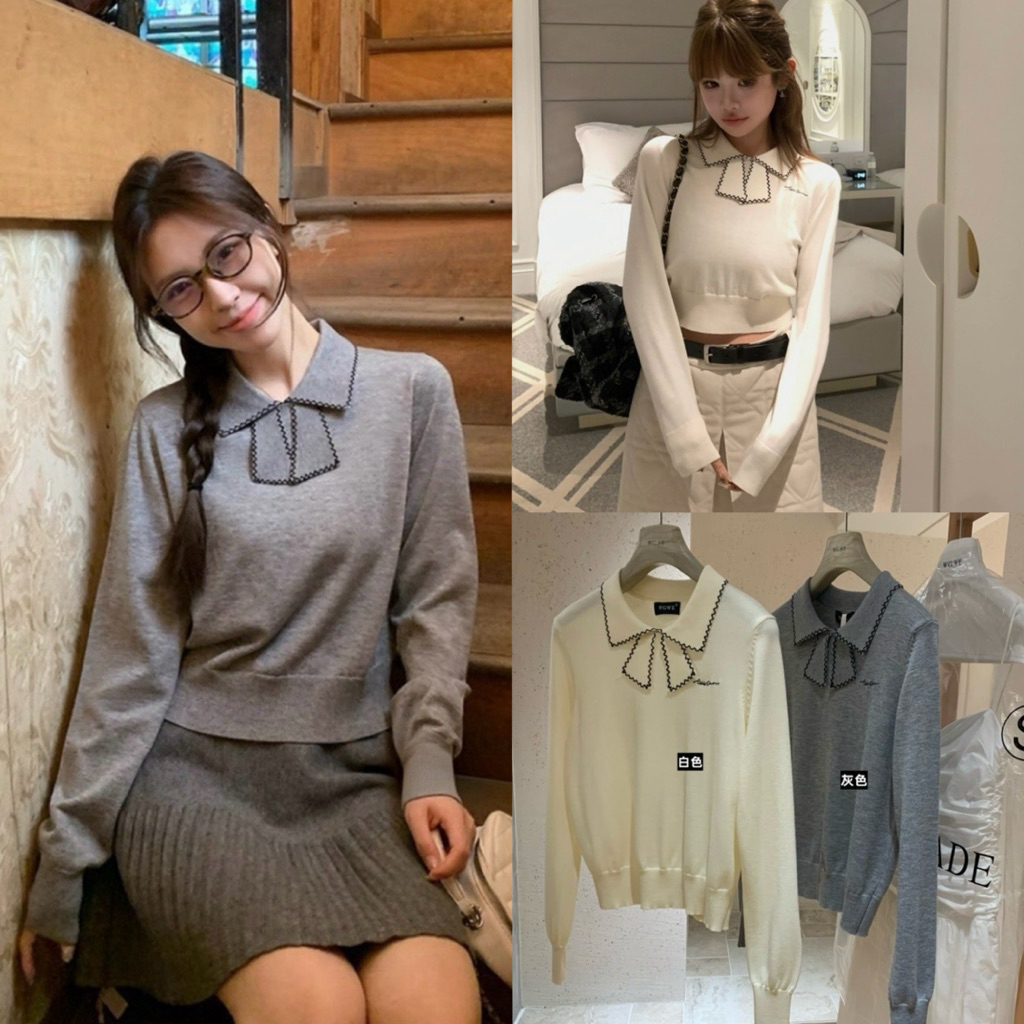 🚗7822#เสื้อแขนยาวไหมพรม แต่งปกโบว์ เนื้อผ้ายืดหยุ่นได้เยอะ TAG:WG.WE 🇰🇷