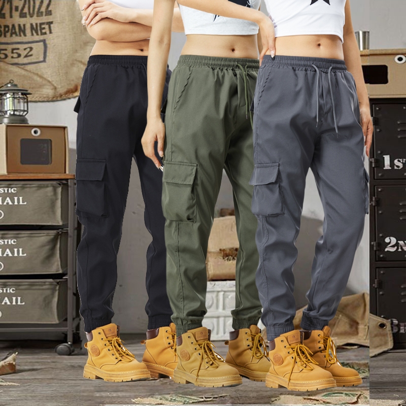 จัดส่งจากกรุงเทพ 3สี กางเกงคาร์โก้ผู้หญิง กางเกงสีดำ สไตล์เกาหลี สีพื้น เอวสูง  กางเกงขากระบอก