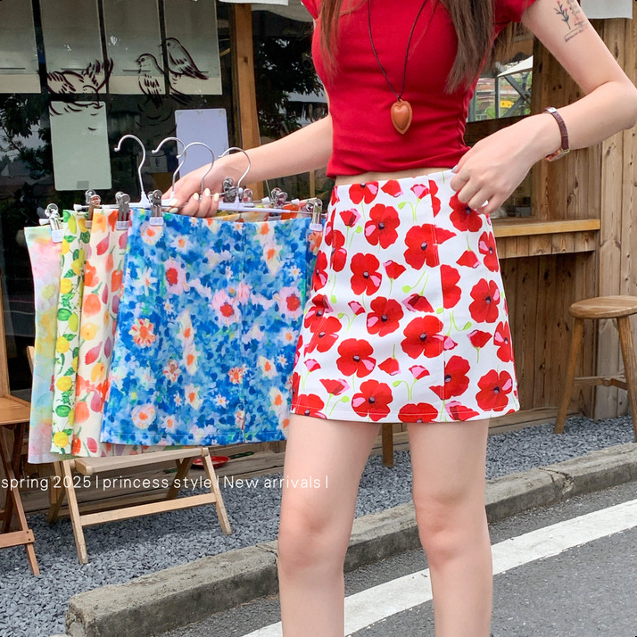 Aurae 5 สี S-6XL กระโปรงสั้นลายดอกไม้สำหรับผู้หญิง กระโปรงทรงสะโพกเข้ารูป สไตล์ย้อนยุค กระโปรงทรงเอ