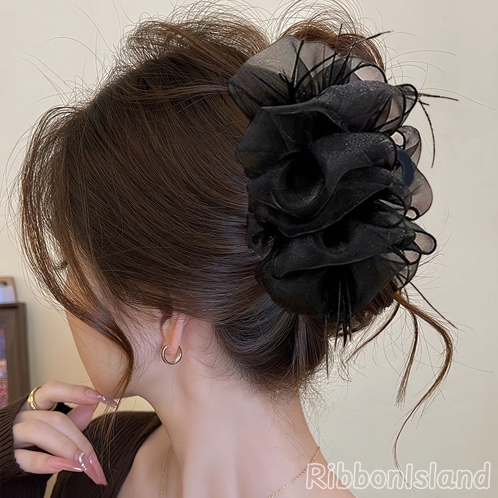 RibbonIsland🖤กิ๊บติดผม คลิป สไตล์เกาหลี ขนาดใหญ่ ใหม่ แฟชั่น ins หวาน สีดํา ออร์แกนซ่า ขนนก คุณภาพสูง