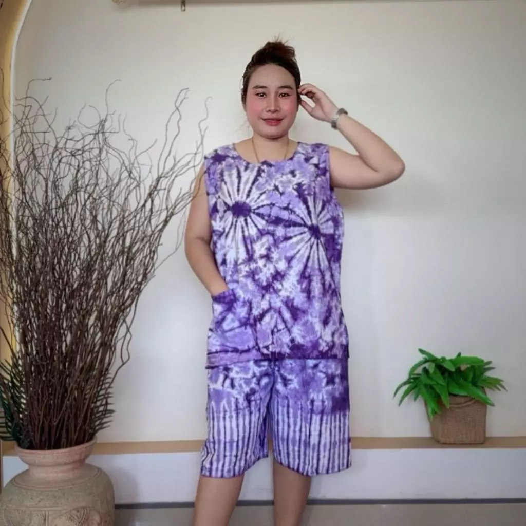 ชุดเซ็ตเสื้อแขนกุดกางเกงมัดย้อม ผ้าคอตตอน ไซส์ XL thumbnail 6