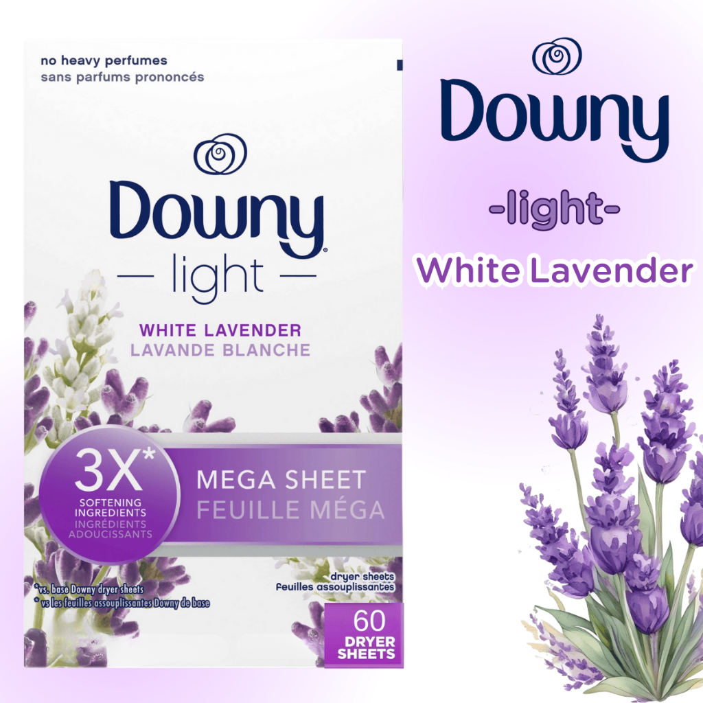 Downy Light Mega Dryer Sheets แผ่นอบผ้าหอม กลิ่น White Lavender ผ้านุ่มสบาย ขนาด 60 แผ่น